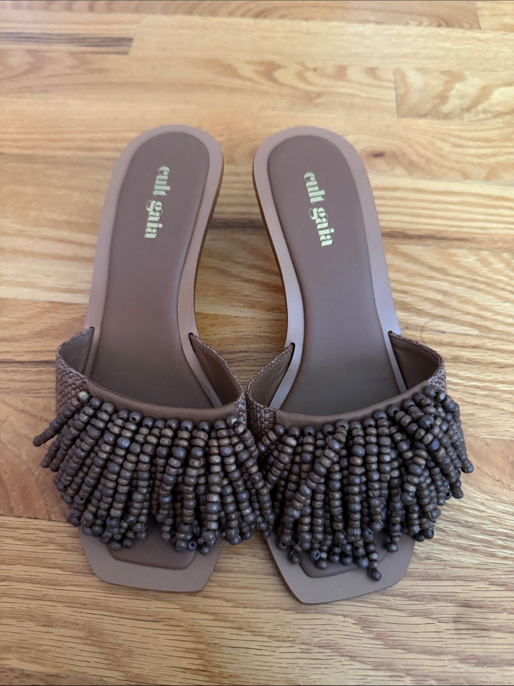 cult gaia brown beaded fringe slide mules